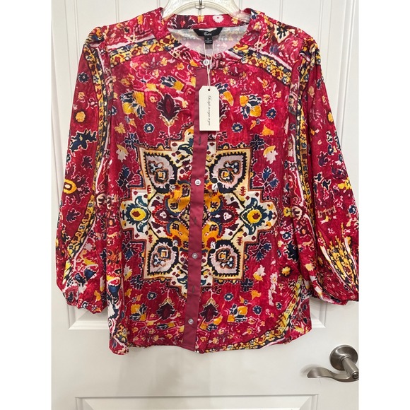 Shall We Blouse Top M Red Yellow Blue Abstract Print Button Down 3/4 Sleeve - Picture 1 of 4